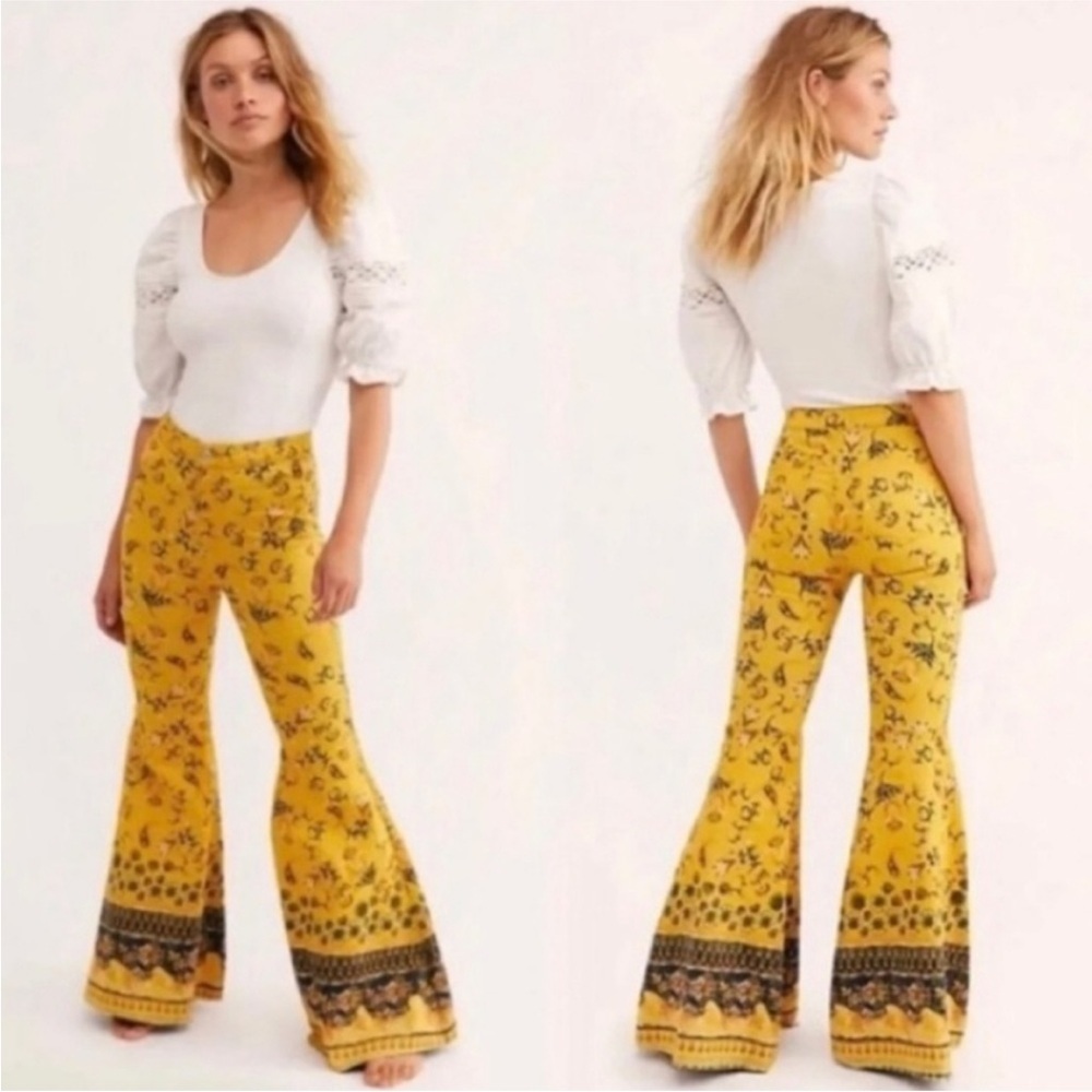Free People Just Float Printed Flare Jean yellow  size 25